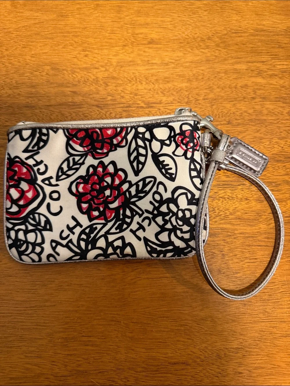 Coach Poppy Graffiti Floral Wristlet with Silver Trim